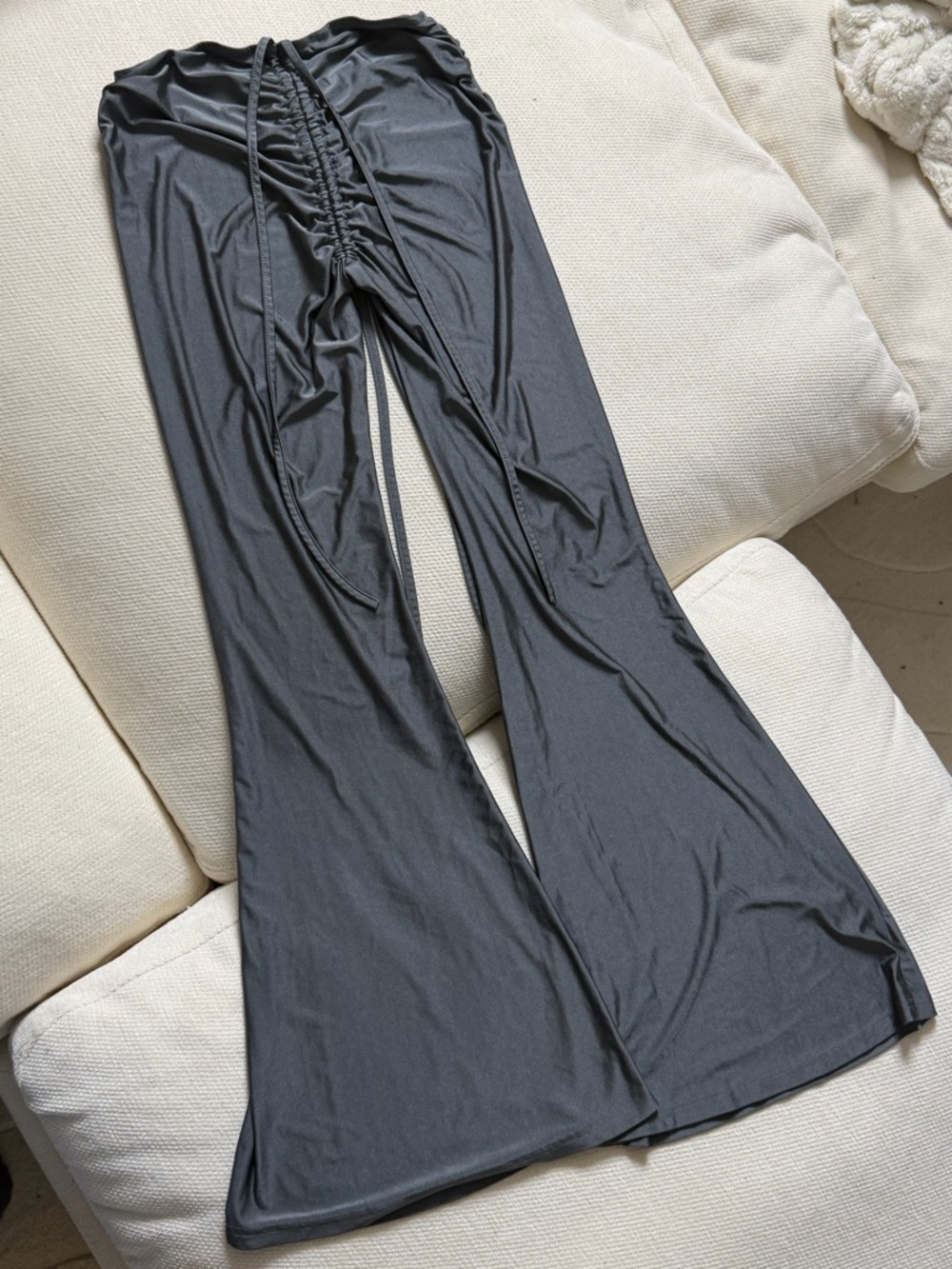 Charcoal Gray Ruched Drawstring Flare Pants